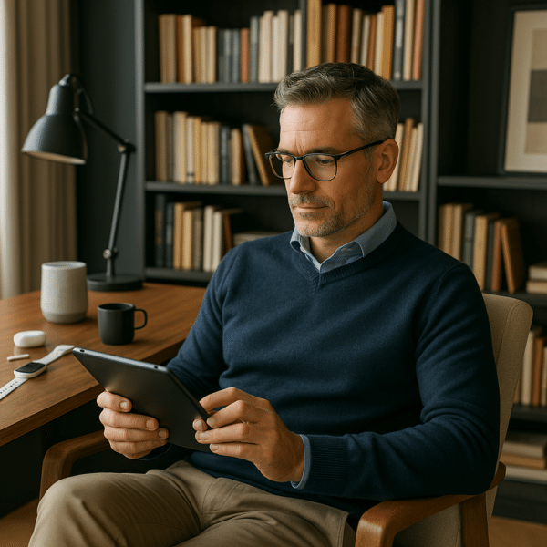 Professional man over 40 reviewing digital wellness content on tablet in modern home office setting