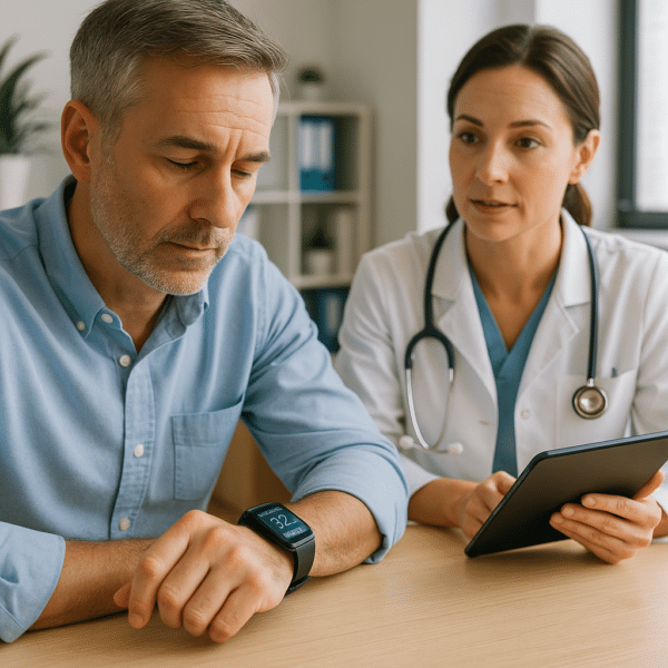 Man over 40 reviewing personal health metrics with medical professional using advanced wearable technology