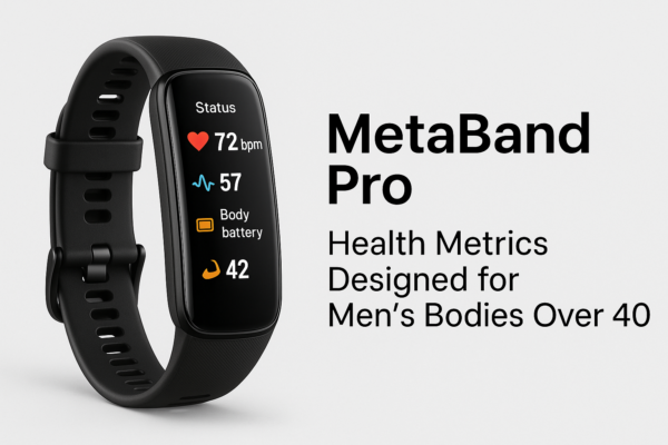 Close-up of MetaBand Pro fitness device showing metabolic health dashboard calibrated for men over 40