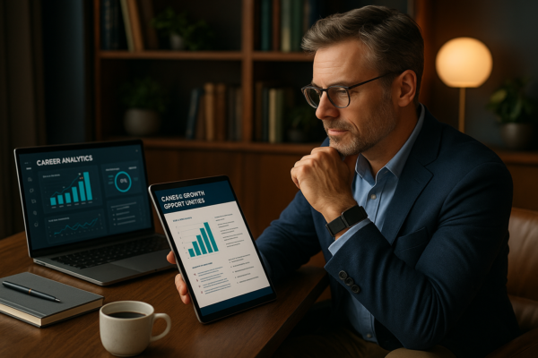 Middle-aged professional analyzing career growth opportunities through advanced digital tools in sophisticated home office setup
