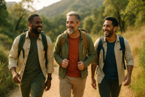 A men hiking on a scenic nature trail, surrounded by lush greenery and the beauty of the outdoors.