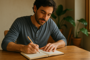 A man journaling or sketching in a quiet and cozy space, fostering creativity and relaxation.