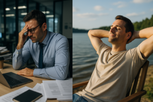 A diptych showing a man stressed in a cluttered office on the left, and relaxed by a peaceful lake on the right, symbolizing the transition from work stress to leisure time.