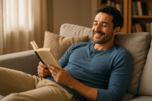 A person relaxing and reading a book on a comfortable chair in warm, natural sunlight.