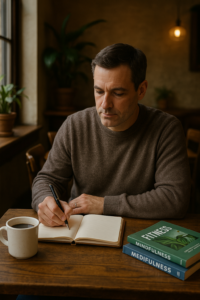 man creating a personalized leisure routine with a notebook and coffee