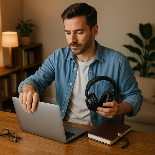 Man closing laptop and protecting leisure time