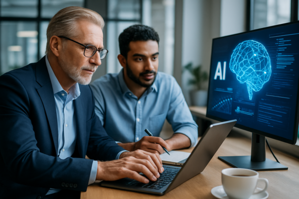Experienced male executive in his 50s working with AI technology alongside younger team member in contemporary workspace
