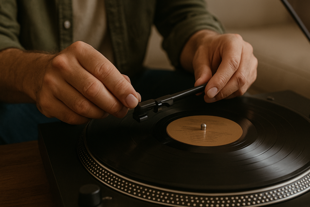 Man over 45 lowering tonearm onto vinyl record player for warm analog sound