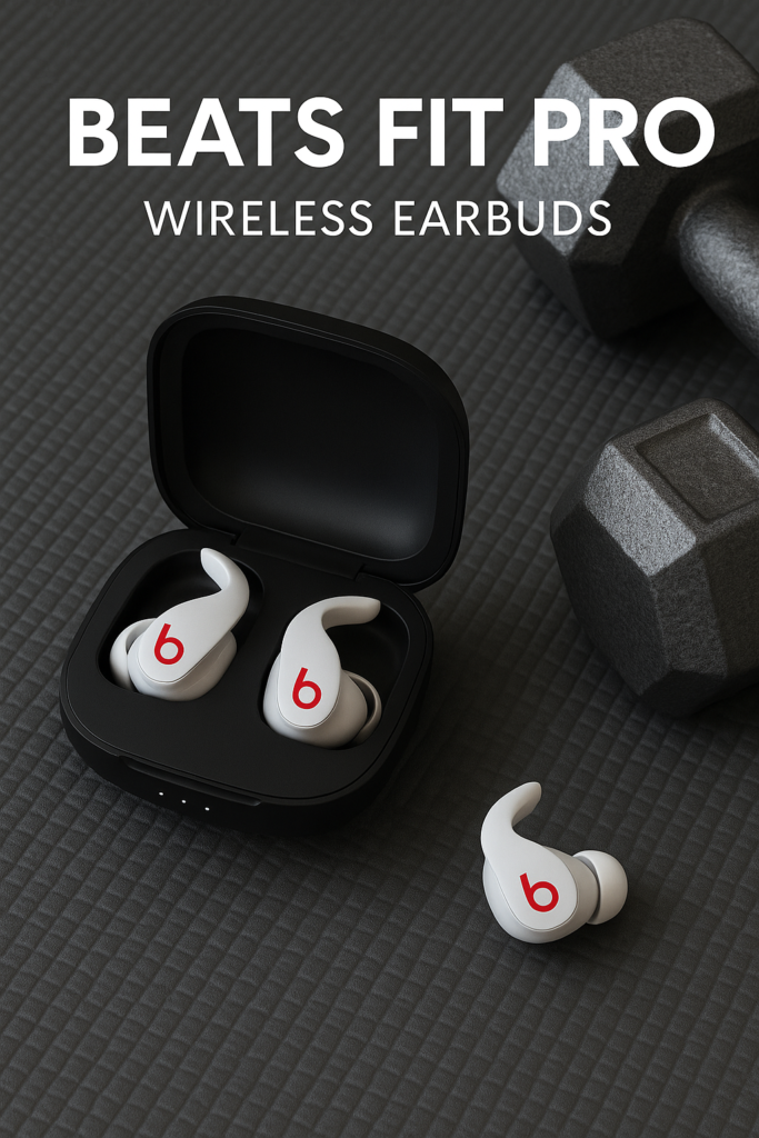 Beats Fit Pro wireless earbuds in black charging case on a dark gym mat beside gray dumbbells, showcasing workout-ready audio gear.