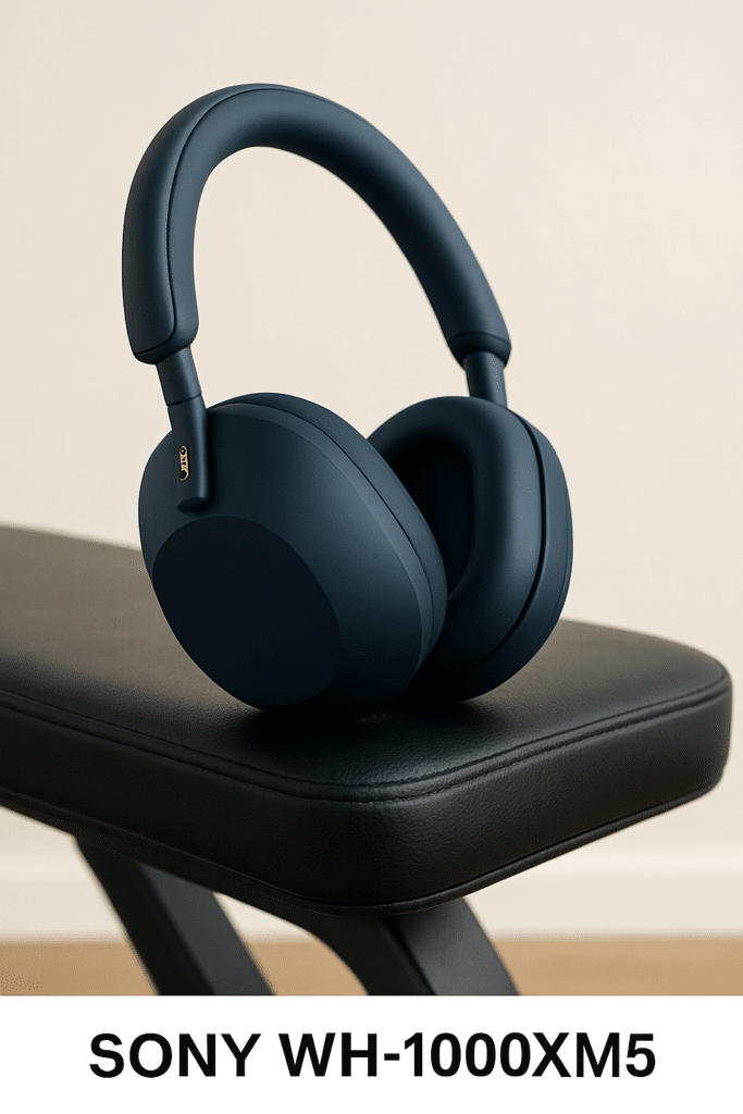 Sony WH-1000XM5 headphones resting on a black workout bench with a soft, light beige background, showcasing a sleek design and modern fitness lifestyle.