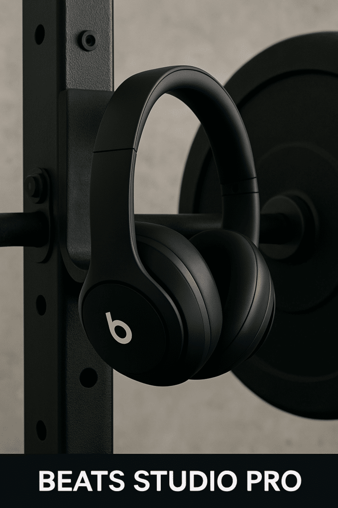 Beats Studio Pro headphones in black on squat rack