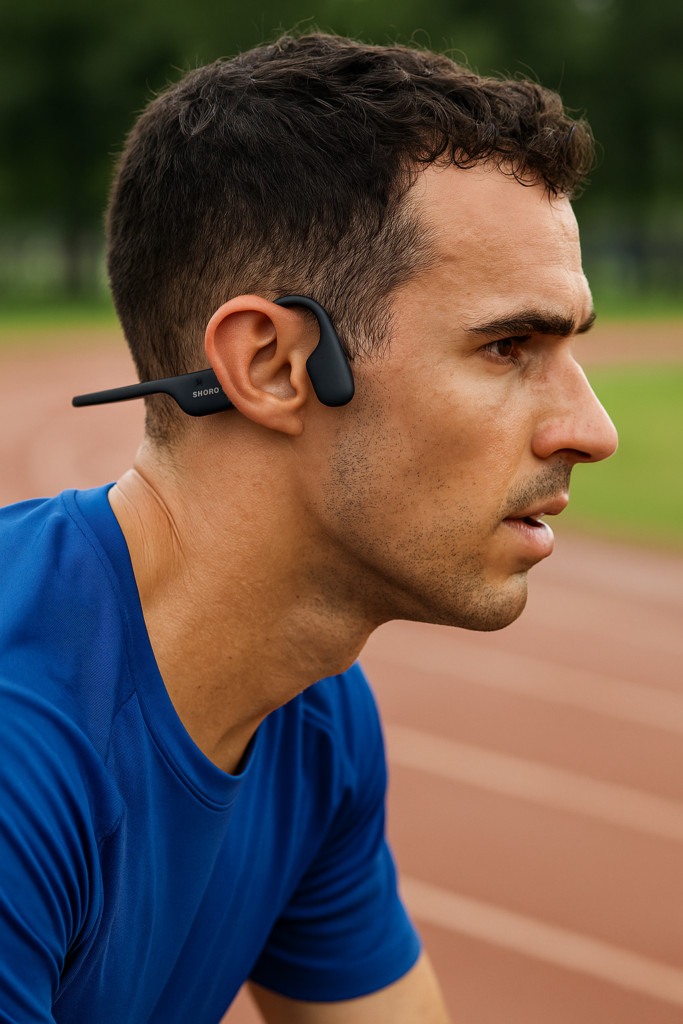 Shokz OpenRun Pro bone conduction headphones worn by a male runner on a track, showing side profile with athletic focus and lightweight headset design.