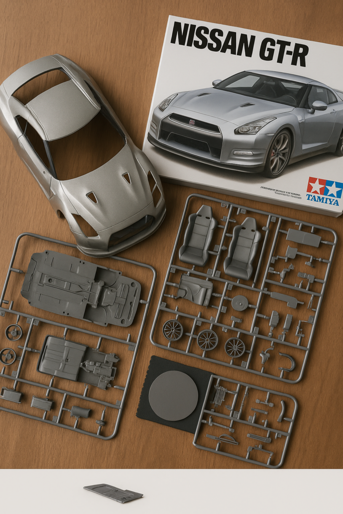 Tamiya 1/24 Nissan GT-R unassembled scale model kit with detailed body and interior parts.