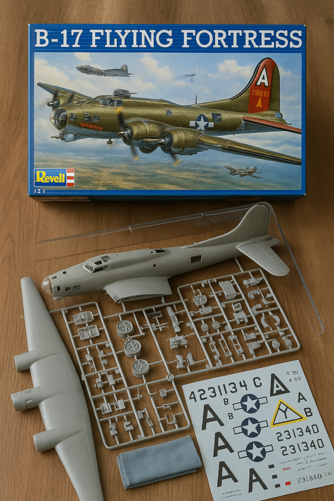 Revell B-17 Flying Fortress unassembled scale model kit with box art, parts, and decals.