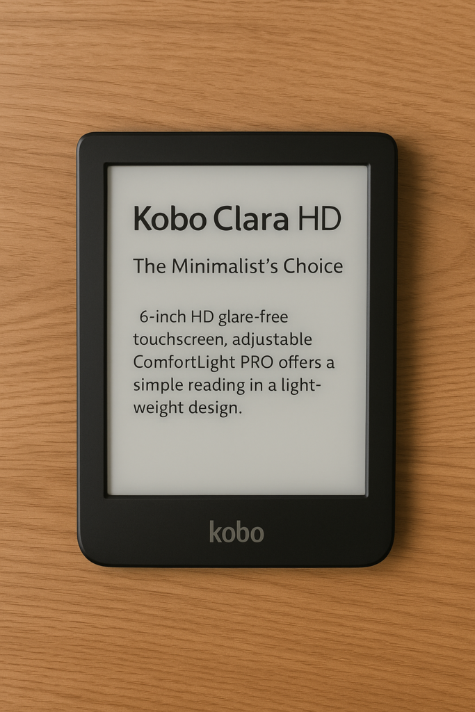 Kobo Clara HD e-reader with 6-inch glare-free touchscreen on wooden surface.