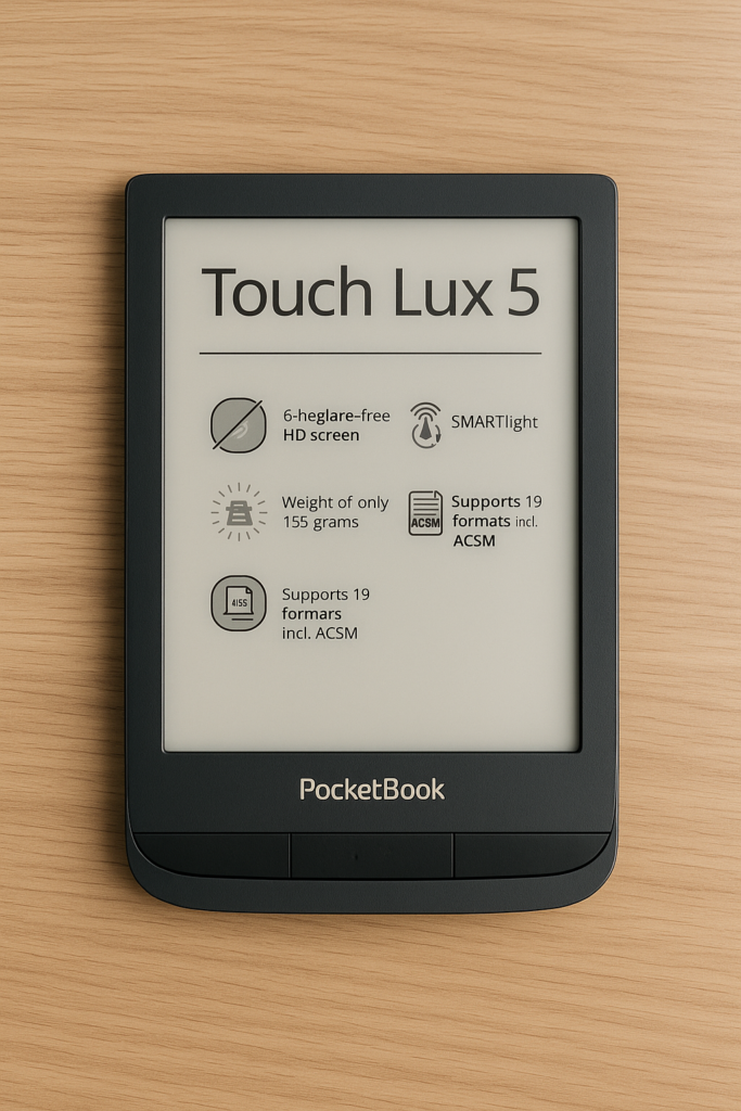 PocketBook Touch Lux 5 e-reader with 6-inch HD glare-free screen on wooden surface.