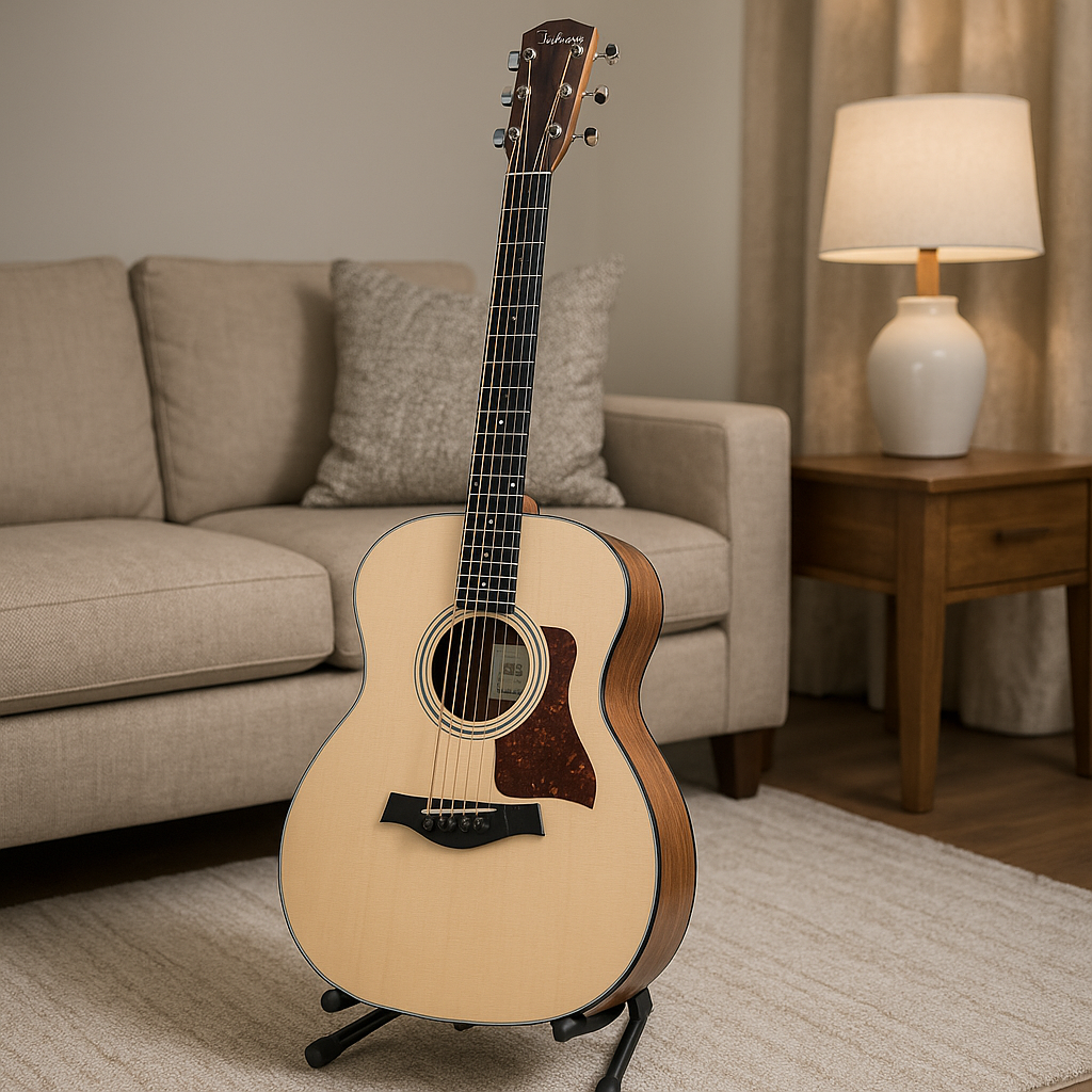 Taylor 114ce Grand Auditorium acoustic guitar with spruce top and walnut back displayed on a stand in a cozy living room.