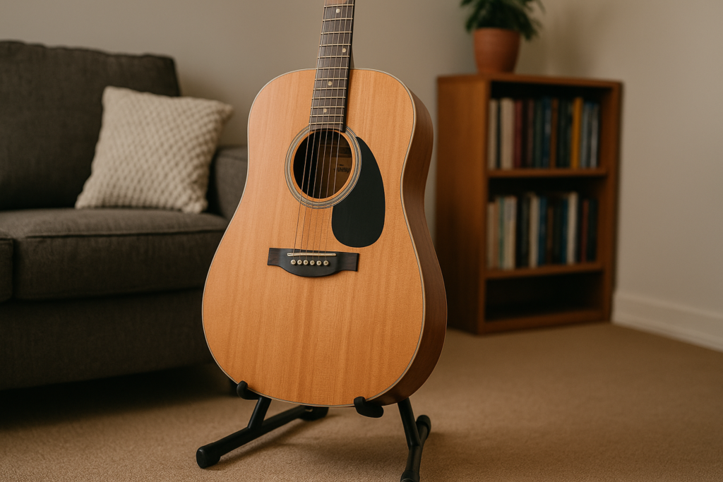 Seagull S6 Original acoustic guitar with cedar top and wild cherry body on a stand in a cozy living room with sofa and bookshelf.