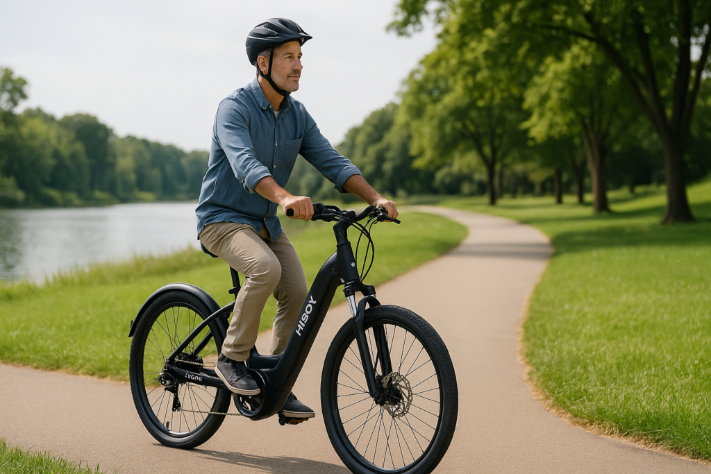 Man over 45 riding Hiboy EX6 step-through e-bike for active leisure