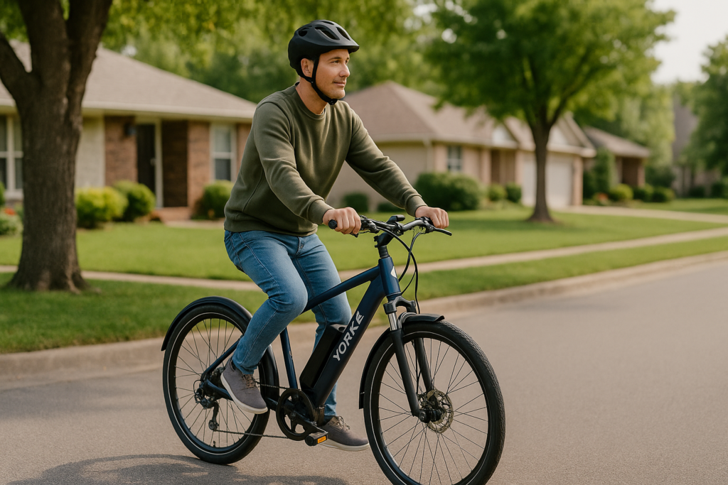 Man riding Yorke e-bike for daily leisure and fitness over 45