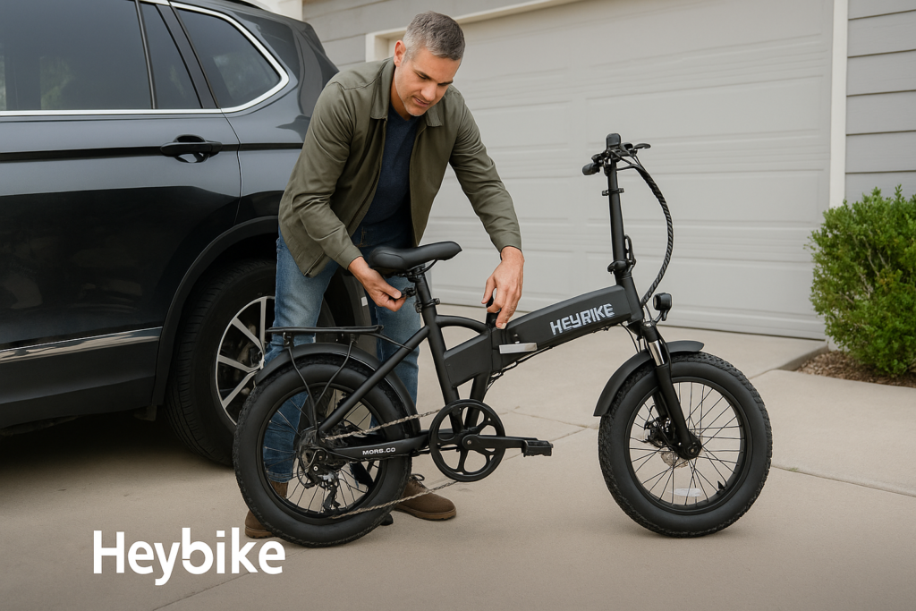 Man folding Heybike Mars 2.0 fat-tire e-bike for easy storage