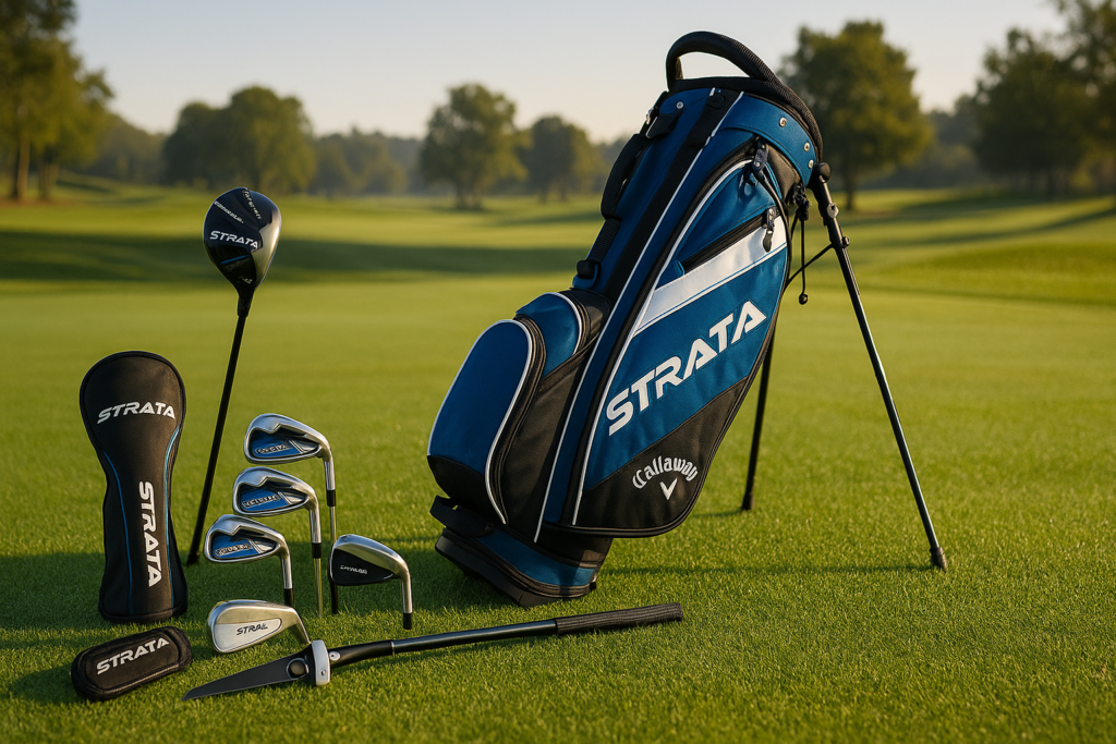 Callaway Strata Men’s Complete Golf Set displayed on golf course for men over 45 improving their swing