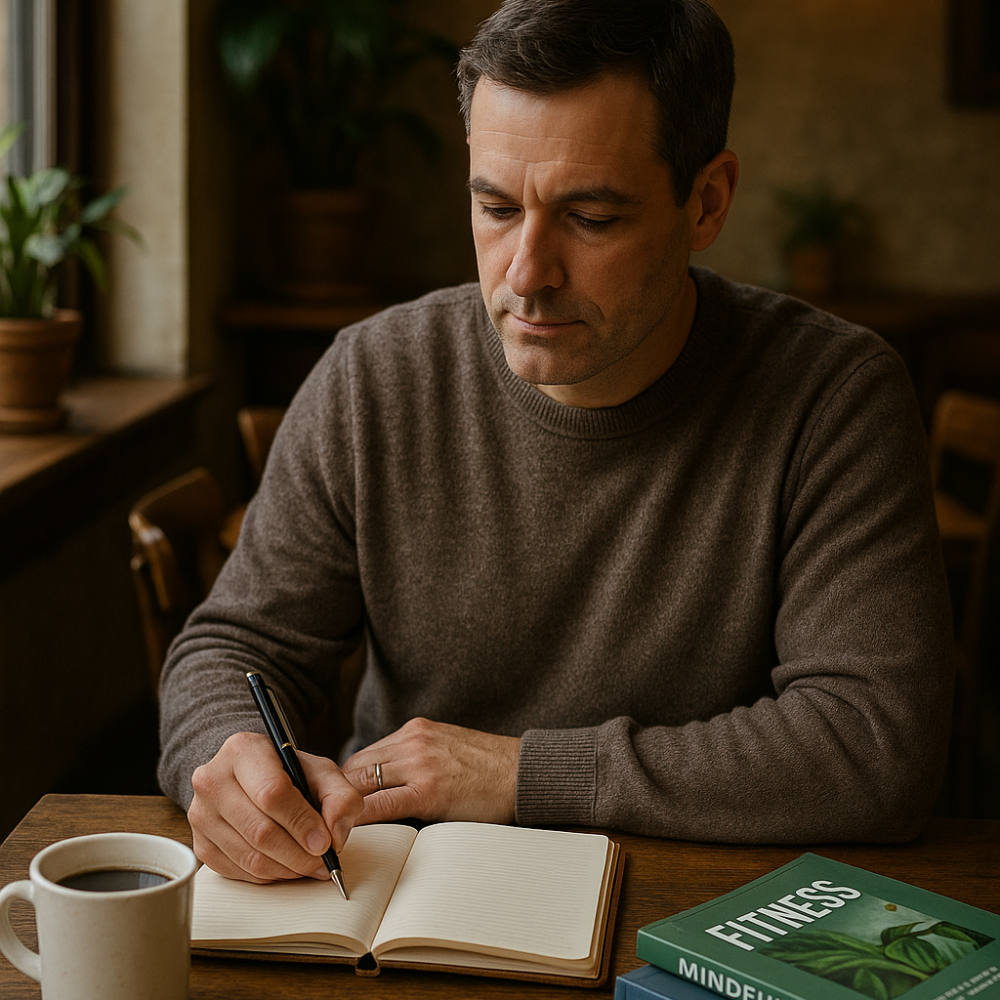 man journaling or reflecting quietly at a cozy café or desk Man journaling and creating a personalized leisure routine at a cozy café