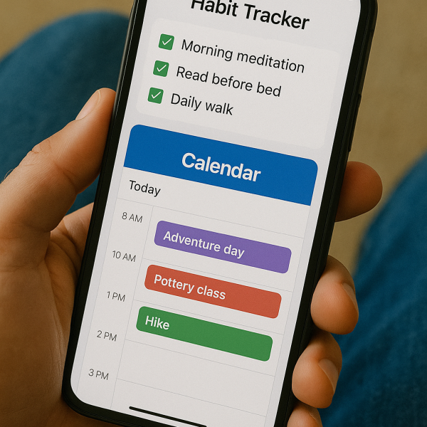 Phone screen showing a habit tracker and digital calendar with leisure entries Habit tracker and digital calendar for leisure planning